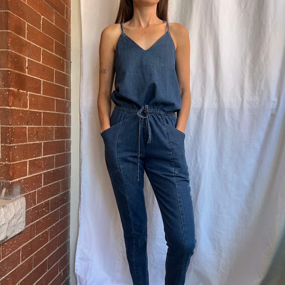 Joes Jeans Denim Jumpsuit Drawstring Waist Cross Back Romper XS